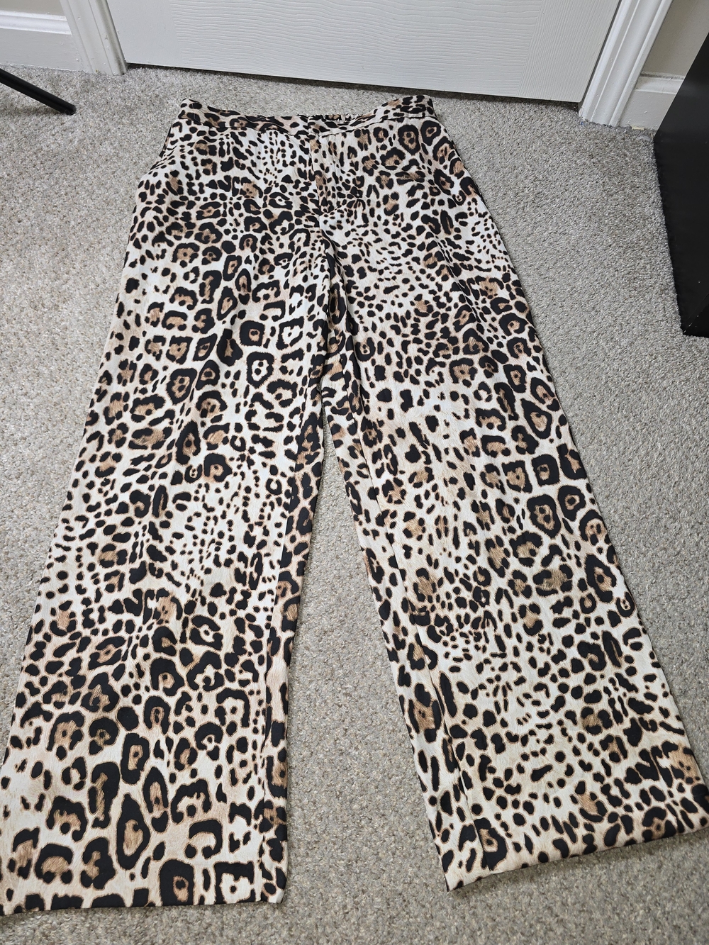 Zara Beige Black Satin Leopard-Print Wide Leg Pants Size XL